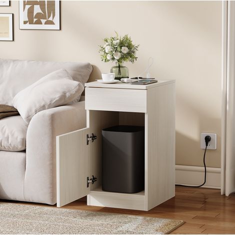 Table de chevet 30x40x61,5 cm blanc aspect bois clair, charge USB, 1 tiroir, MDF, MEUBLIV (1/5)