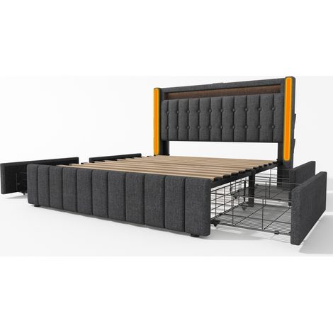 Cama tapizada 160x200 cm gris con USB-C, iluminación LED y 4 cajones HOMVRA (1/5)