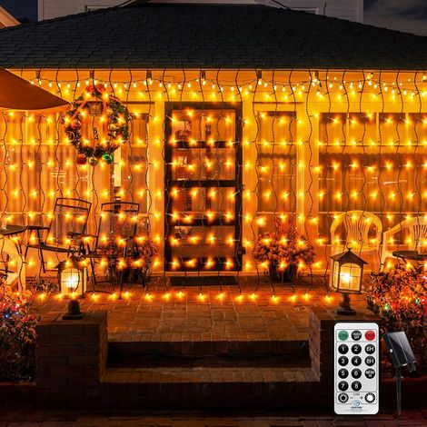 Filet Lumineux Solaire, rideaux lumineux d'extérieur,guirlande lumineuse féerique en cascade de 4M x 1M, fil vert, lumières d'arbre extérieures, appliques murales avec télécommande