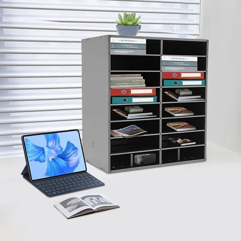 16 Fäch Briefablage Schreibtisch Organizer, 8 Etagen Dokumentenablage mit Einstellbaren Regalen, Literatur-Organizer bis zu 50kg, Aktensortierer Aufbewahrung Büro Klassenzimmer (Schwarz) (1/5)