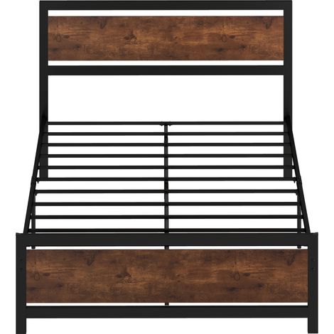 Cadre de lit double acier avec sommier et tête de lit, compatible matelas 190x140 cm, brun rustique - Lit 2 places avec têtière intégrée (1/5)