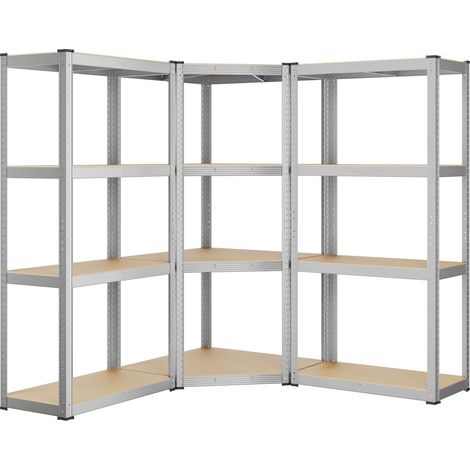 Ensemble d’Étagères d’Angle à 4 Niveaux, Étagères de Rangement en Acier, Charge Lourde, Garage, Entrepôt, Capacité de Charge 1500 kg, Argent et Beige Naturel (1/5)