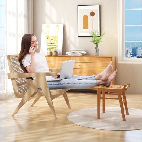 Tabouret de Coiffeuse Bambou Dessus Rotin PE Patins Antidérapants Maquillage Salon Chambre CW43348 (1/2)