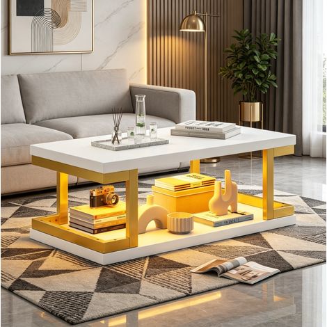 Tavolino da caffè a LED 100x50x37,5 cm con vano portaoggetti, controllo Bluetooth e USB, MDF bianco opaco e metallo dorato (1/5)