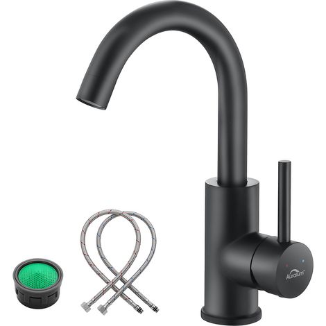 Auralum Schwarz Wasserhahn 360° Drehbar Bad Armatur Waschbecken Mischbatterie Waschtischarmatur Einhandmischer Badarmatur fürs Badezimmer (1/5)