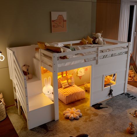 Letto rialzato bambini 90x200 cm con scala portaoggetti, finestra, sponda di sicurezza e rete a doghe, senza materasso, bianco (1/5)