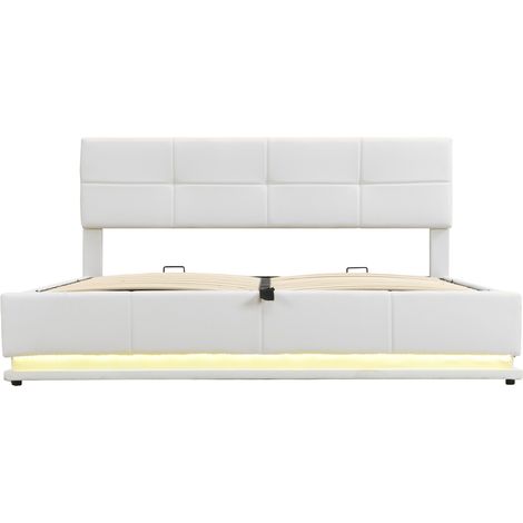 Bett 180x200 cm mit LED, Lattenrost und Hydraulik, weißes Kunstleder (1/5)
