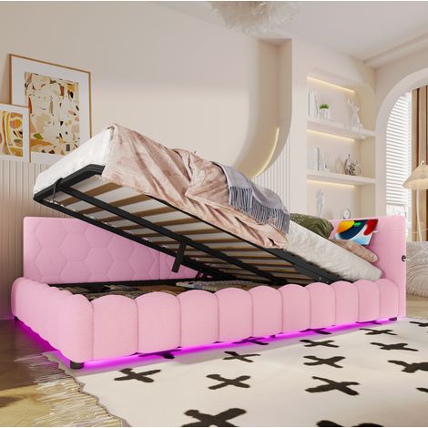 Letto daybed moderno in velluto rosa 140x200 cm con testiera, rete a doghe, vano contenitore idraulico, LED USB e Type-C (1/5)