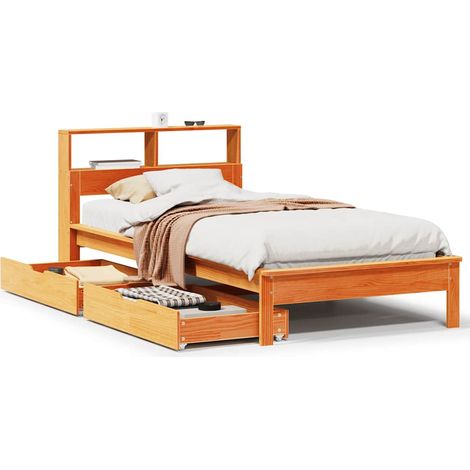 Lit simple  Lit adulte  Lit bibliothèque sans matelas cire marron 100x200 cm pin massif