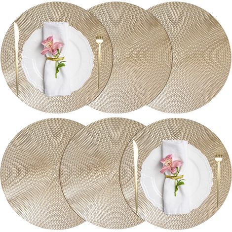 [French Days]Lot de 6 Sets de Table, Sets de Table à Manger, Sets de Table en Rond lavables antidérapants en PVC résistants à la Chaleur, Sets de Table durables résistants aux Taches, 38 x 38 cm, Or (1/5)
