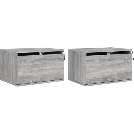 Juego de 2 mesitas de noche de pared de 50 x 36 x 30 cm con luces LED y cajón en madera de ingeniería gris DEC036170 (1/5)