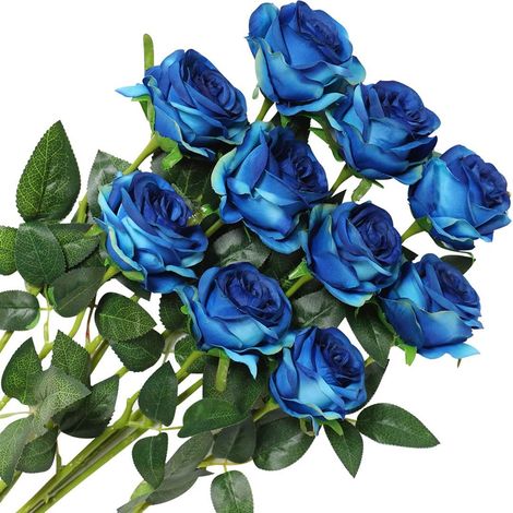 10 roses artificielles en soie, faux bouquets floraux pour décoration de mariage, décoration de fête d'anniversaire à domicile, décoration de jardin (bleu - roses épanouies) (1/5)