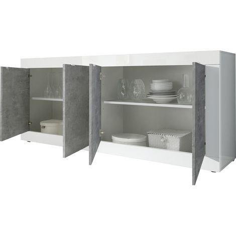 Poli-Sideboard, 2 Regale, 4 Fächer, Made in Italy, 4 Türen, 207x43x86h cm, Weiß Hochglanz