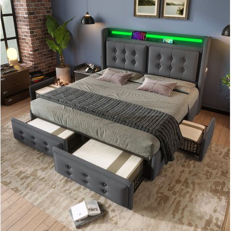 Letto imbottito 160x200 cm moderno in cotone-lino grigio, con testiera, LED, USB/USB-C, 4 cassetti e rete a doghe (1/5)