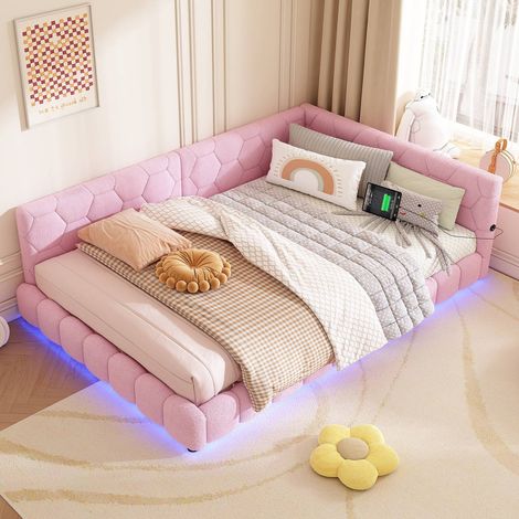 Canapé-lit 140 x 200 cm avec sommier, 16 couleurs d'éclairage ambiant, ports usb et type-c – lit en velours rose (1/5)