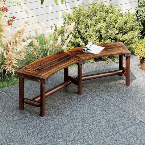 GOPLUS Banc Jardin Extérieur, Banc Courbé Angle en Bois pour 2-3 Personnes avec Siège à Lattes, Capacité 360 kg, sans Dossier pour Balcon Salon Jardin, 170 x 58 x 45 cm (Marron) (1/5)