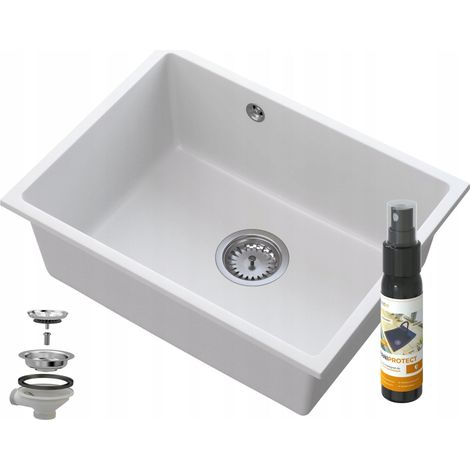 Évier de cuisine en granit Manado 53.5 × 40 cm blanc sous plan avec distributeur et siphon (1/5)
