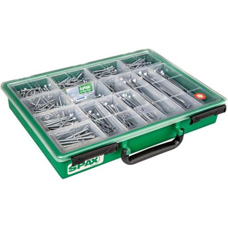 Spax – Coffret d'assortiment de vis 384 pièces – 14 dimensions – Tête fraisée T-STAR plus – Revêtement WIROX – Pour travaux extérieurs