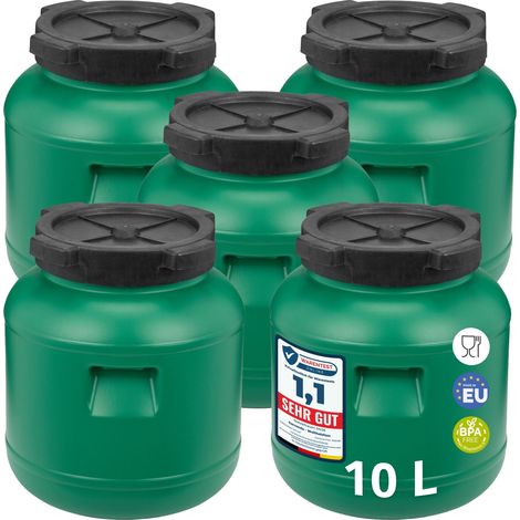 Garronda Lot de 5 fûts alimentaires 10 L en HDPE sans BPA, à large ouverture avec couvercle, pour eau, aliments et récupération d'eau de pluie, vert GD-0120