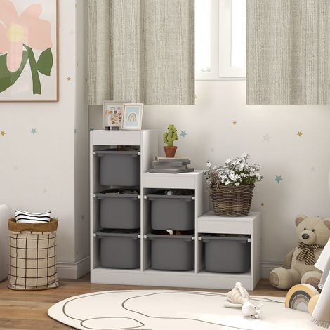 Mueble de almacenamiento de juguetes infantiles con 6 cajones extraíbles, 3 niveles de almacenamiento, 96 x 38,5 x 90 cm, gris. (1/5)