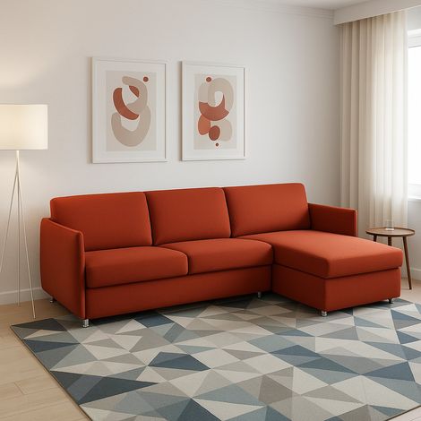 Dmora - Sofá fijo con península Posina, Sofá esquinero para salón, acolchado, desenfundable, calidad 100% Made in Italy, 260x160 h90 cm, Naranja (1/5)