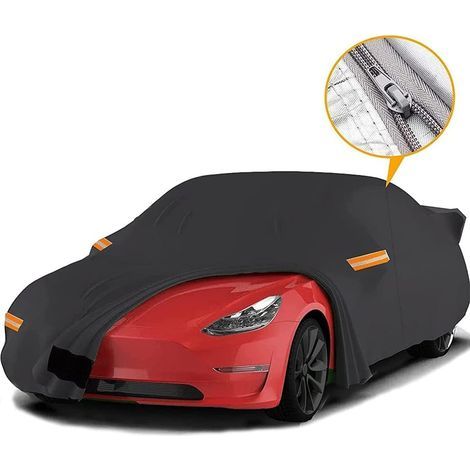Bâche de Voiture,Housse de Voiture Berline 100% étanche pour Tesla Model Y, Protection Contre Les Intempéries avec Maille Ventilée et Fermeture éclair de Porte Conducteur-Noir (1/5)
