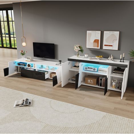 Meuble TV et buffet combo 180 x 38,5 x 45 cm, LED Bluetooth, blanc et noir, REDOM (1/5)