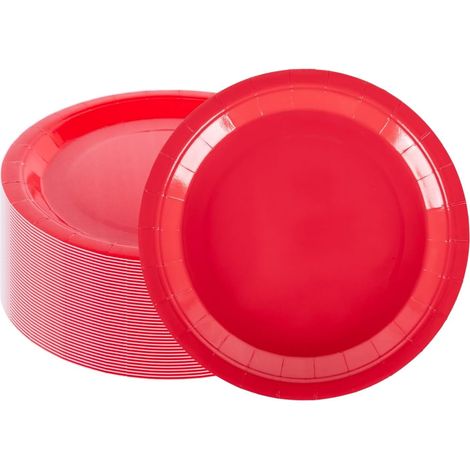 Lot de 100 Assiettes en carton, Rondes 23 cm, Couleur unie rouge, Pour fêtes et catering