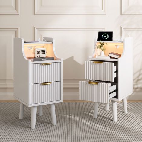 Lot de 2 Table de Chevet étroites avec Prise Intégrée et Éclairage LED,Élégante Table d'Appoint avec 2 Tiroirs et Compartiment,2 Ports USB,Table Basse pour Chambre à Coucher Moderne,Blanc (1/5)
