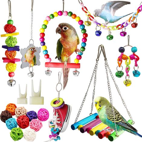 Jouets pour perroquets, 19 pièces : balançoire, hamac, jouet à mâcher en forme de chaussure, perchoir Suzuki suspendu, conures, inséparables, pinsons, perruches ondulées.