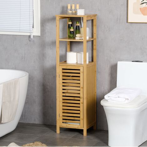 Meuble de salle de bain en bambou avec 2 étagères ouvertes et placard, 32,9 x 29,9 x 120 cm, naturel (1/5)