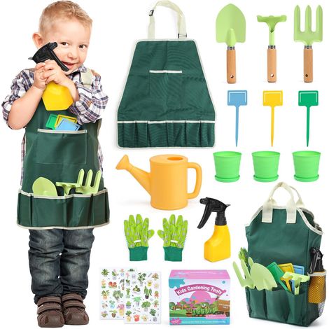 Ensemble d'outils de jardinage pour enfants, kit d'outils jardin avec pelle, tablier avec poches, sac fourre-tout jardin, arrosoir, autocollants de bricolage, cadeau pour garçons et filles (1/5)
