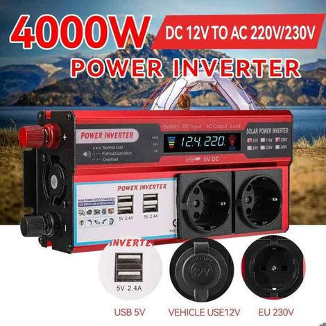 Onduleur de voiture 4000 W 12 V vers 220 V/230 V, conversion haute efficacité, 4 ports de charge USB, affichage LED (1/5)