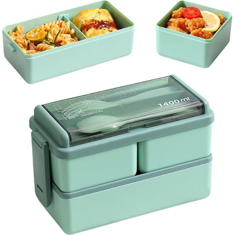 1400 ml Bento-Lunchbox mit Fächern und Besteck – Kunststoff – mikrowellengeeignet – auslaufsicher (1/4)