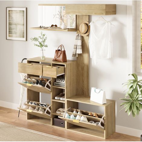 Flurgarderobe 130/30/174 cm in Naturholzoptik und Weiß, mit Schuhschrank, Sitzbank und Spiegel (1/5)