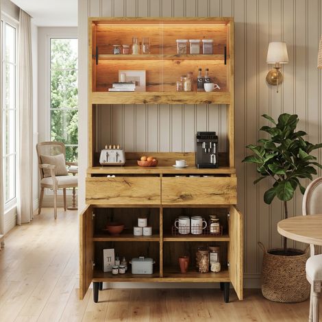 Buffet haut avec 2 portes vitrées, éclairage LED multicolore, prises et ports USB, pour salle à manger, MDF, chêne, 100×40×185 cm (1/5)