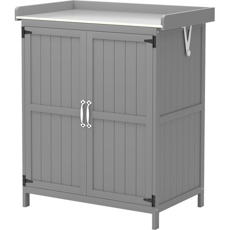 Gartenschrank für den Außenbereich, Werkzeugaufbewahrung mit Arbeitsfläche, Holz und Edelstahl, Doppeltüren, grau