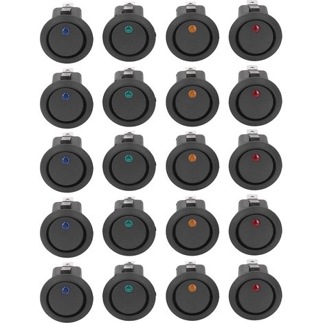 Lot de 20 interrupteurs à bascule ronds 12 V avec voyant LED, 3 broches, 2 positions, SPST, bleu, vert, jaune, rouge (KCD1)