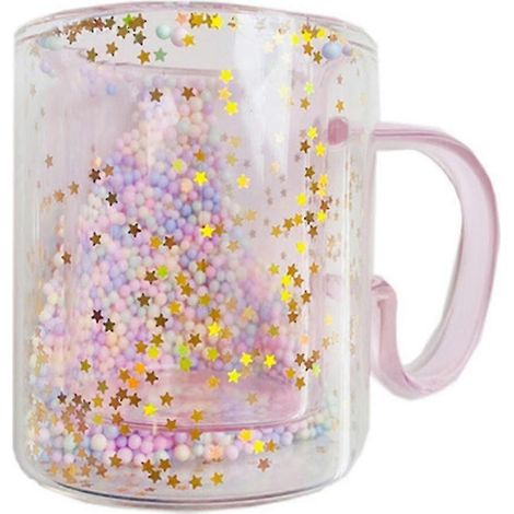 Tasse à café en verre à double paroi, motif cœur kawaii, bulles et étoiles, avec anse et résistance à la chaleur. (1/5)