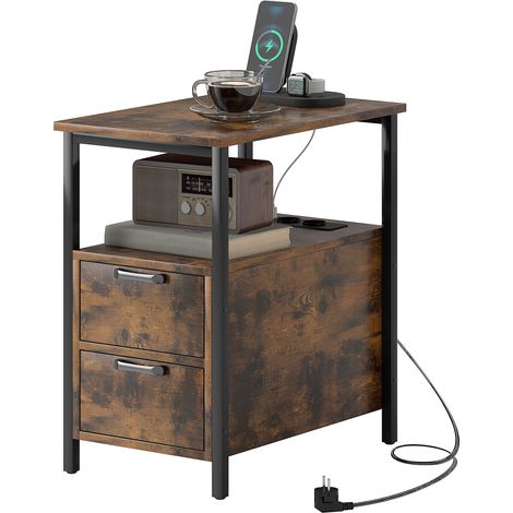 Table d'appoint avec station de recharge, ports USB, prises électriques, 2 tiroirs et étagère pour salon ou chambre. (1/5)