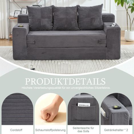 Canapé trois places en coton et lin, avec porte-gobelets et poches latérales, convertible en trois sièges, design sans structure avec coussins et dossier en maille, assise large (1/5)