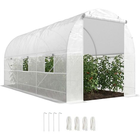Serre tunnel de jardin 9m², serre de jardin tunnel avec porte et 6 fenêtres, flux PE 140 g/m² 445 x 200 x 200 cm blanc
