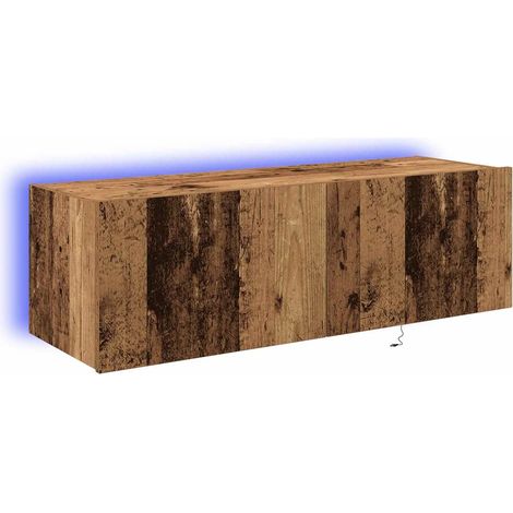 Meuble TV mural moderne peu encombrant 100 x 35 x 31 cm avec éclairage LED ambiance cosy en bois ancien (1/5)