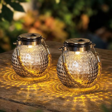 LED Solar Laterne Gartendeko hängend Terrasssenlampe Außenleuchte Tischlampe, Glas klar, warmweiß, D 10,5 x 12,5 cm, 2er Set