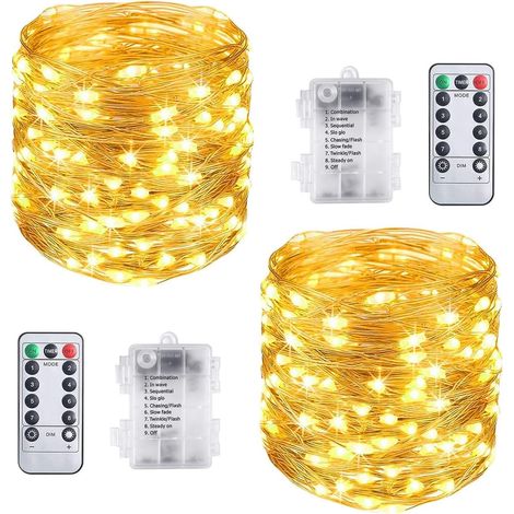 Guirlande Lumineuse, 2PCS 10M 100LED Fil Cuivre Guirlande Lumineuse à Piles avec Télécommande pour Carnaval Fête Anniversaire Party Mariage Jardin IP65 - Blanc Chaud [Classe énergétique F] (1/5)