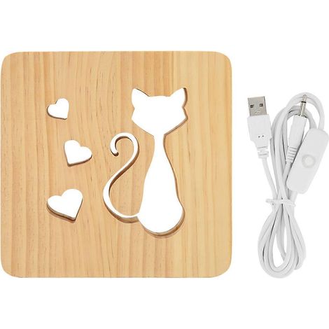Veilleuse en bois creux 3D à motif de cœur et de chat, lampe de chevet LED pour chambre ou restaurant. (1/4)