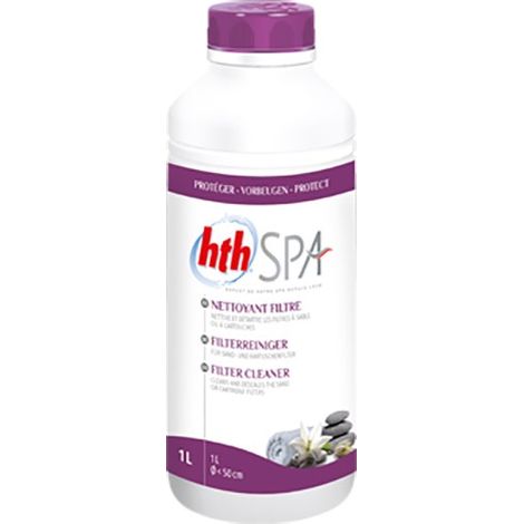 HTH – Nettoyant filtre détartrage pour spa 1 litre – Élimine dépôts calcaires – Pour filtres à cartouche et à sable – Bouteille graduée