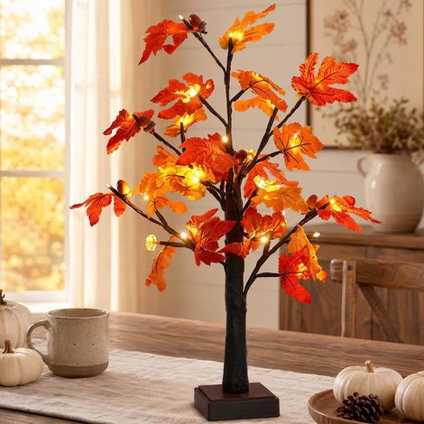 24 LED Lampe de Table en érable, Érables Artificiels Lumineux avec Lumières, Lumière d'arbre de Noël Alimentée par Batterie USB pour Salon, Maison, Noël, Automne Déco - Blanc Chaud (1/5)