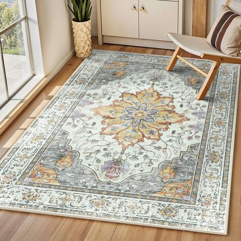 Vintage Tapis de Salon 90x150 cm Lavable Jaune Clair/Gris/Orange Tapis Salon, Tapis Chambre, Lavable en Machine, Vintage, Boho, Rétro, Antidérapant, Cuisine, Salle à Manger, Douce, OEKO (1/5)