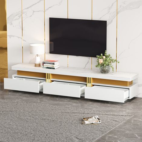 Mueble TV tres cajones efecto mármol almacenamiento tablero de partículas 200x40x42cm color blanco (1/4)